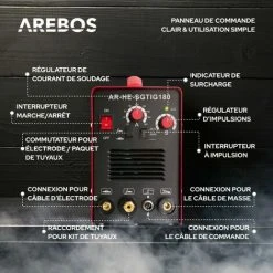 AREBOS Poste à Souder TIG | WIG 180HF Ignition Onduleur | 10-180A | Faible Émission De Fumée - Rouge -Soudure à larc Sales Store 10315989 4