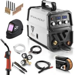STAHLWERK MIG MAG 175 ST IGBT- équipement Complet - Machine à Souder MIG MAG Sous Gaz Protecteur Avec 175 A, Fil Fourré FLUX Adapté, Avec MMA E-hand, Blanc, 7 Ans De Garantie